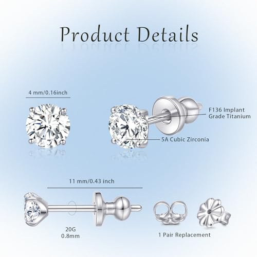Limerencia Hypoallergenic G23 Pure F136 Implant Grade Titanium Earrings | 20G Flat Back Studs with CZ, Available in Round, Princess-Cut, Square & Ball, Earrings for Women and Men with Sensitive Ears - style: 4mm Cubic Zirconia