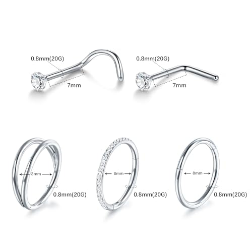 Xpircn 5pcs Hoop Nose Rings and L Shaped Nose Rings Stud Set 18G/20G Stainless Steel CZ Helix Conch Daith Tragus Cartilage Hoop Earrings for Women 6mm 7mm 8mm 10mm - color: Silver, size: 20G, 8mm hoop & 7mm studs