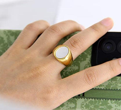 MYNENEY Stainless Steel Round Shape Classical Simple Plain Wedding Engagement Statement Pinky Band Signet Rings for Men Women Size 4-15 - color: Gold+White