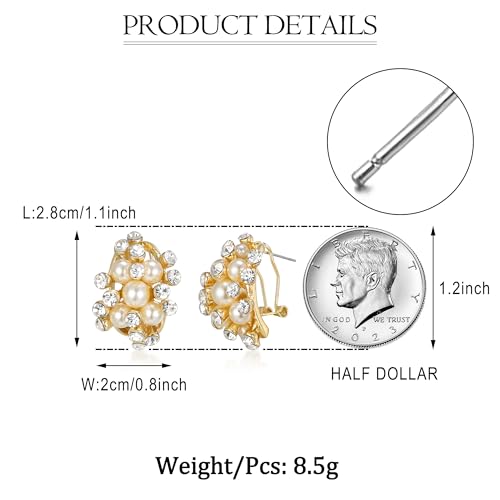EVER FAITH Austrian Crystal White Simulated Pearl Bridal Cluster Pierced Stud Earrings - color: Clear Gold-Tone