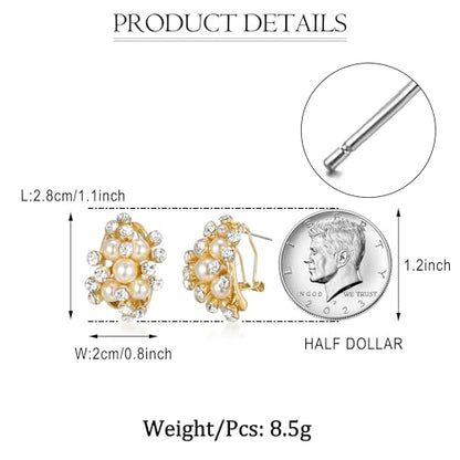 EVER FAITH Austrian Crystal White Simulated Pearl Bridal Cluster Pierced Stud Earrings - color: Clear Gold-Tone