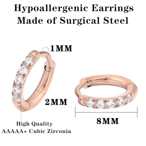 316L Surgical Steel Huggie Hoop Earrings | Dainty Pave Cubic Zirconia Cartilage Tiny Earring for Sensitive Ears Hypoallergenic Lightweight for Women Men - style: Rose Gold Plated,20G*8mm