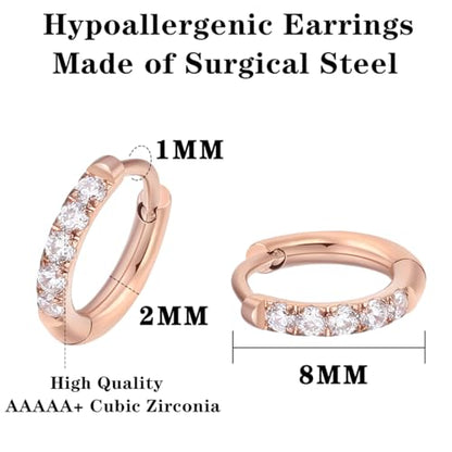 316L Surgical Steel Huggie Hoop Earrings | Dainty Pave Cubic Zirconia Cartilage Tiny Earring for Sensitive Ears Hypoallergenic Lightweight for Women Men - style: Rose Gold Plated,20G*8mm