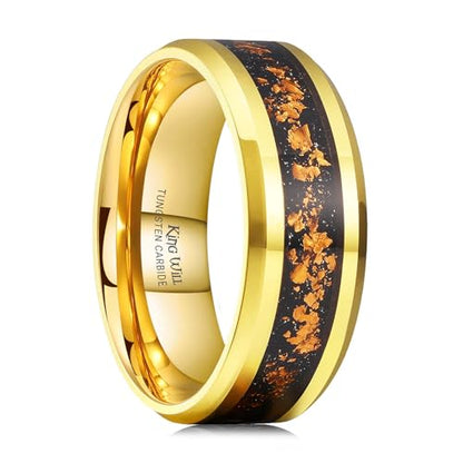 King Will Mens Wedding Band with Foils Inlay, Black/Silver/Gold | Black, 6mm/8mm, Beveled Edge, Comfort Fit, Glowstone Ring, Everyday Wear - color: Gold&Orange-8mm