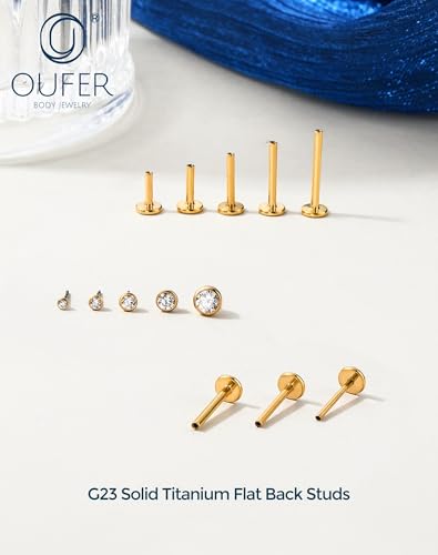 OUFER 2Pcs 20G/18G/16G G23 Titanium Threadless Nose Stud Earrings Flat Back Tiny CZ Small Nose Helix Cartilage Tragus Conch Labret Medusa Monroe Piercing Jewelry for Women Men - color: Gold, size: 2pcs, 16g 4.5mm, 3mm cz