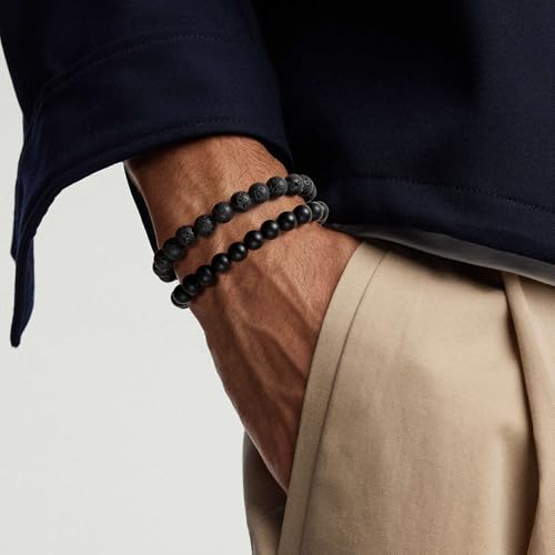 Mens Bead Bracelet Set - Adjustable Elastic Rope With 6&8MM Natural Stone Multi-Colored Beads - Tiger Eye Bracelets for Men - Gift - style: 2,Black,Lave beads