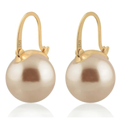 HUGE TOMATO 925 Sterling Silver Simulated Shell Pearl Earrings for Women Trendy, Big Pearl Drop Earrings Leverback Stud,18K Gold Plated Large Pearl Hoop Dangle Hypoallergenic Jewelry 14mm - color: Champagne