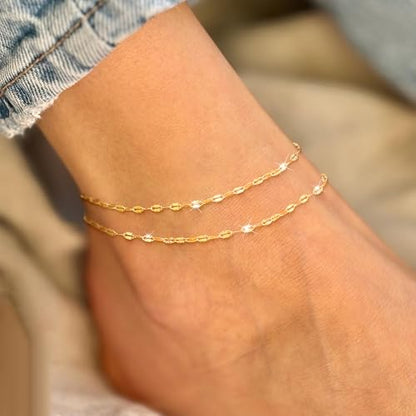 Robaice Ankle Bracelets for Women, 14K Gold Plated/Silver Layered Anklets | Waterproof Adjustable Anklet for Women, Summer Beach Anklet, Glitter Jewelry for Women Gifts - color: Gold-4