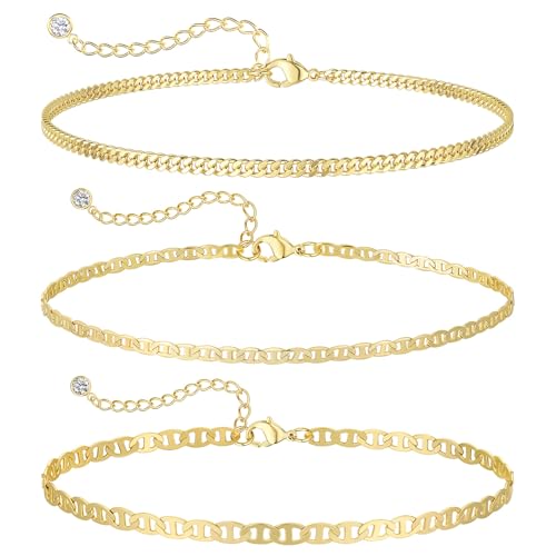 Gold Ankle Bracelets for Women Waterproof,14k Gold Plated Anklet Set 3PCS Cuban Mirror Dainty Anklets Summer Beach Gift