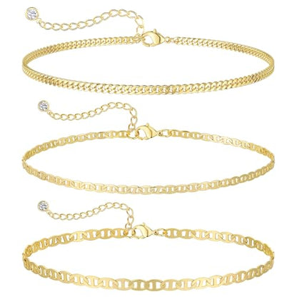 Gold Ankle Bracelets for Women Waterproof,14k Gold Plated Anklet Set 3PCS Cuban Mirror Dainty Anklets Summer Beach Gift