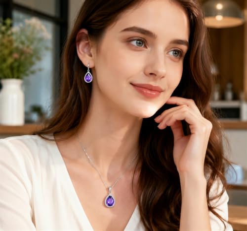 VONSSY Classic Oval Pendant Gemstone Necklace | Crystal Ruby Sapphire Waterdrop Birthstone Teardrop Emerald Necklace | 18K Platinum Gold Plated Chain | Jewelry Gift for Mother Wife Girlfriend - color: NL & ER - Purple