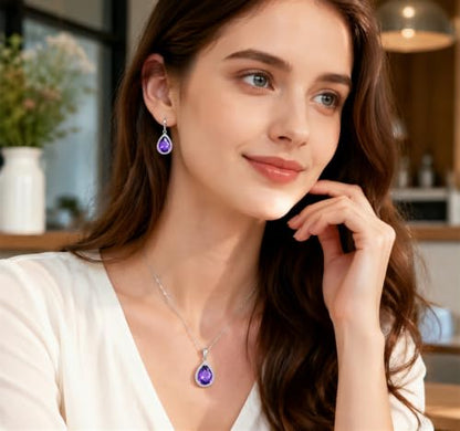 VONSSY Classic Oval Pendant Gemstone Necklace | Crystal Ruby Sapphire Waterdrop Birthstone Teardrop Emerald Necklace | 18K Platinum Gold Plated Chain | Jewelry Gift for Mother Wife Girlfriend - color: NL & ER - Purple