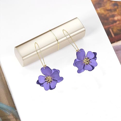 Bohemian Daisy Flower Matte Floral Long Petal Drop Dangle Earrings Layered Tiered for Women Chic Boho Wedding Jewelry - color: Violet