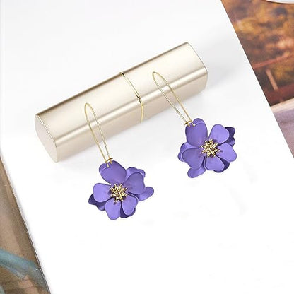 Bohemian Daisy Flower Matte Floral Long Petal Drop Dangle Earrings Layered Tiered for Women Chic Boho Wedding Jewelry - color: Violet