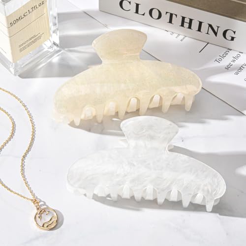 Aileam Acetate Hair Claw Clips for Women,White Beige hair clip French Design Strong Hold Non-Slip claw clips for Thick Hair, 2 Pack - color: Ivory & White