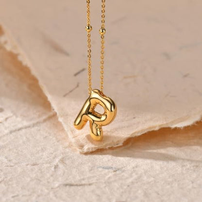 LUCA SMITH 2-Piece Initial Necklaces for Women, Dainty Balloon Bubble A-Z Letter Necklace Set, Name Letter Alphabet Pendant Layered Choker Necklaces Personalized Jewelry Gift - color: Gold bubble letter necklace, style: Initial Set-R
