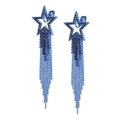 EVER FAITH Crystal Long Waterfall Star Tassel Clip-on Earrings for Women | Rhinestone Beaded Fringe Chandelier Dangle Statement Earring, Wedding Party Jewelry - color: Sapphire Blue Blue-Tone