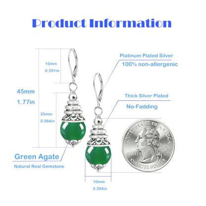 Natural 10mm Stone Beads Drop Earrings,Retro Silver Round Quartz Crystal Gemstone Beads Dangle Earrings for Women - color: A07_Green Agate