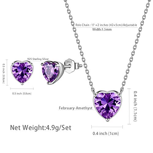 Aurora Tears Hearts Necklace Earrings Jewelry Sets - Women 925 Sterling Silver Birthstone Pendants Earrings Set Crystal Wedding Birthday Jewelry - color: B.February-set