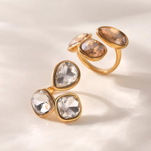 Geometric Crystal Statement Ring for Women Stainless Steel Adjustable Open Bezel Square Teardrop Austrian CZ Princess Cut Wedding Promise Finger Rings Comfort Fit Stacking Band Dainty Jewelry Art Deco - color: Clear Cz