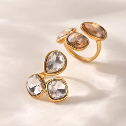 Geometric Crystal Statement Ring for Women Stainless Steel Adjustable Open Bezel Square Teardrop Austrian CZ Princess Cut Wedding Promise Finger Rings Comfort Fit Stacking Band Dainty Jewelry Art Deco - color: Clear Cz