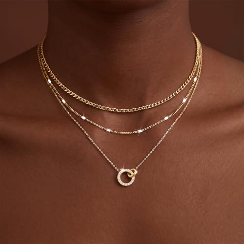 WomenGifts Layered Gold Necklaces for Women, 14K Gold Sterling Silver Plated Dainty Pendant Necklace Set Non Tarnish, Chunky Stackable Cuban Chain Choker, Trendy Birthstone Vacation Jewelry Gift - color: Gold, style: Double Circle
