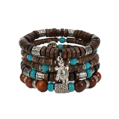 Boho Wooden Beads Bracelets Bohemian Bracelet Stack for Men Women Wood Beaded Bracelet Set - color: B