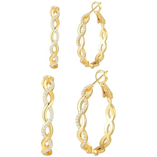 Senteria S925 Sterling Silver Post Twisted Hoop Earrings Hypoallergenic | Lightweight Silver Hoop Earrings AAAAA Cubic Zirconia Nickel Free for Sensitive Ears Twisted Hoops for Women Gifts 20-60MM - color: gold-20/30mm