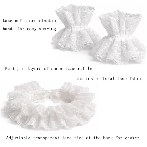 Neck Ruffle Collar and Lace Cuffs Set Victorian Collars Costume Accessories | for Cosplay, Halloween, Masquerade, Party, Clown, Vampire, Princess, Prince Outfits-White - color: Whiteset