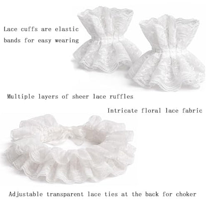 Neck Ruffle Collar and Lace Cuffs Set Victorian Collars Costume Accessories | for Cosplay, Halloween, Masquerade, Party, Clown, Vampire, Princess, Prince Outfits-White - color: Whiteset