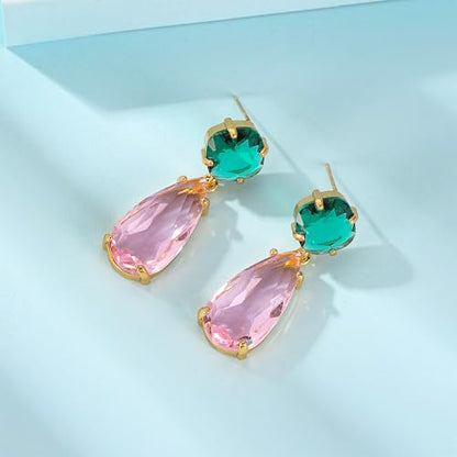Crystal Earrings CXUEMH Teardrop Earrings for Women Blue and Green Dangle Earrings Elegant Earrings for Prom Emerald Green Earrings Formal Jewelry Crystal Drop Earrings - color: green and pink