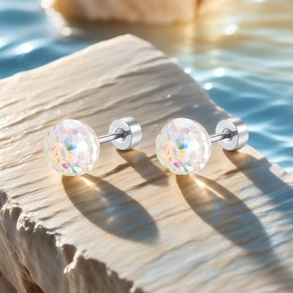 Dazzling Crystal Disco Ball Cartilage Stud Earrings for Women Mom Stainless Steel Austrian Colorful 6mm/8mm CZ Tragus Screw Flat Back Helix Tiny Studs Earring Fashion 60's 70's Jewelry Prom Party 20G - color: White,6mm