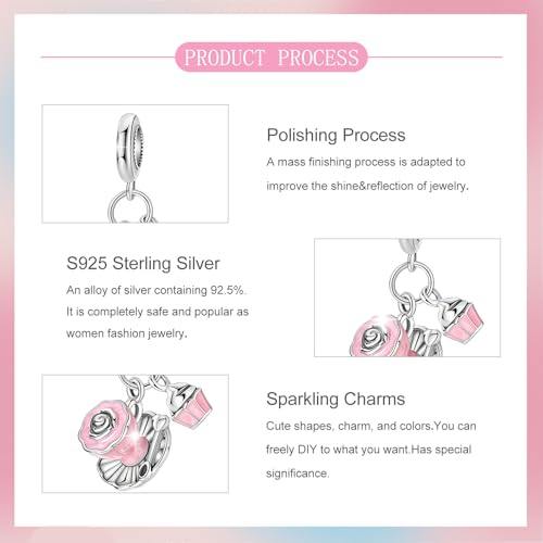 S925 Sterling Silver Cute Bead Charm for Pandora Bracelets and Necklaces | Lucky Clover Cute Animal Pink Bow Cherry Butterfly Pendant Bead Charms Jewelry Making Gifts for Women Valentines Mother's Day - style: Afternoon Tea Dangle Charm