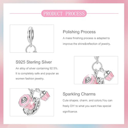 S925 Sterling Silver Cute Bead Charm for Pandora Bracelets and Necklaces | Lucky Clover Cute Animal Pink Bow Cherry Butterfly Pendant Bead Charms Jewelry Making Gifts for Women Valentines Mother's Day - style: Afternoon Tea Dangle Charm