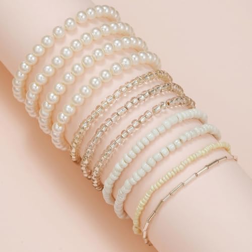 16-30Pcs Handmade Bohemian Colorful Crystal Seed Beads Stackable Adjustable Elastic Stretch Multilayerd Bracelets for Women Summer Vacation Beach Boho Bangle Jewelry - color: pearl