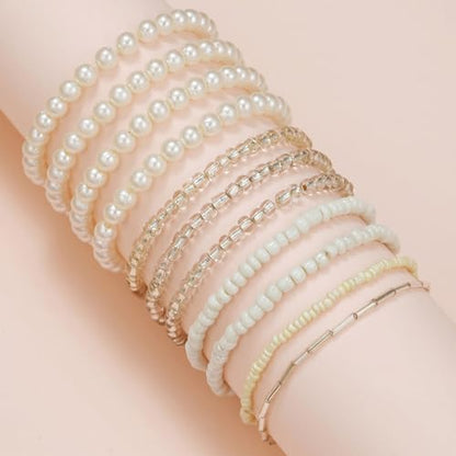16-30Pcs Handmade Bohemian Colorful Crystal Seed Beads Stackable Adjustable Elastic Stretch Multilayerd Bracelets for Women Summer Vacation Beach Boho Bangle Jewelry - color: pearl