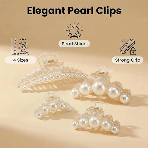 Hair Clips for Women, Large High-Gloss Pearl Hair Claw Clip Set Strong Hold No Slip, Banana Jaw Clip Barrettes, Hair Accessories Birthday Wedding Day Gift for Girl Wife Styling Thick Thin (4 PCS) - size: 1 Count (Pack of 4)