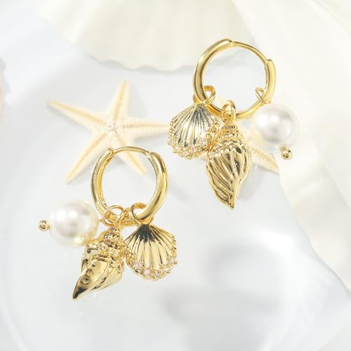Dangle Gold Charm Earrings for Women 14K Gold Plated Bow Cherry Rose Zirconia Dragonfly Love Heart Wing Cross Pearl Conch Seashell Huggie Hoop Earring Drop Cross Trendy Party Jewelry Gifts for Women - style: Seashell and Pearl