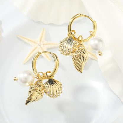 Dangle Gold Charm Earrings for Women 14K Gold Plated Bow Cherry Rose Zirconia Dragonfly Love Heart Wing Cross Pearl Conch Seashell Huggie Hoop Earring Drop Cross Trendy Party Jewelry Gifts for Women - style: Seashell and Pearl