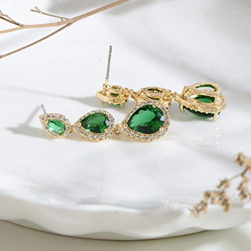 Women's Cubic Zirconia Bridal Earrings - Elegant Long Wedding Party Prom Earring for Bride Bridesmaids Crystal CZ Rhinestone Chandelier Statement Dangle Drop Earrings for Women - color: Green