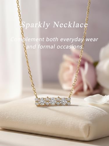 CYW All Moissanites Bar Pendant Necklace for Women, 16inch /18inch, Solid 925 Sterling Silver with Gold Plated, Birthday Valentine Wedding Anniversary Jewelry - color: Round-cut - Yellow Gold