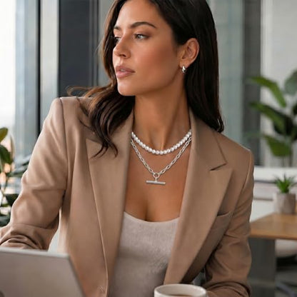 Layered Necklaces for Women Pearl Necklace Stack Gold T Bar Necklace Set Dainty Heart Pendant Jewelry Trendy 2026 Fashion Accessories Gifts - color: B1:2pcs-silver-6mm