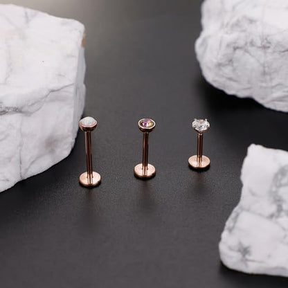 16G 18G 20G 3PCS G23 Titanium Push in Labret Monroe Stud Threadless Lip Ring Opal CZ Nose Stud Pure Titanium for Sensitive Skin Cartilage Helix Tragus Earrings Stud 6MM 8MM 10MM - style: 20G-Rose Gold