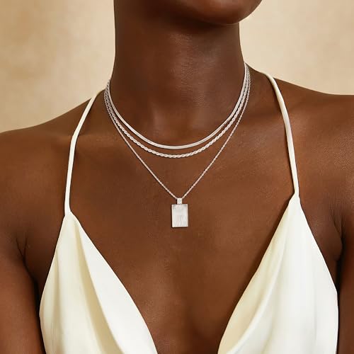 CHESKY Layered Silver Necklace for Women Trendy,Dainty Silver Plated Stackable Charm Necklace Layering Paperclip Tennis Rope Chain CZ Pendant Jewelry Set Gifts - style: Square