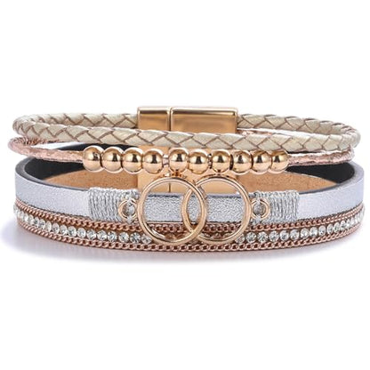 Chunky Boho Leather Wrap Bracelets Cowgirl Beaded Circle Western Jewelry | Stackable Infinity Layered Bohemian Magnetic Clasp Cuff Statement Fashion Colorful Country Hippie Outfits for Women Trendy - color: Gold/Silver
