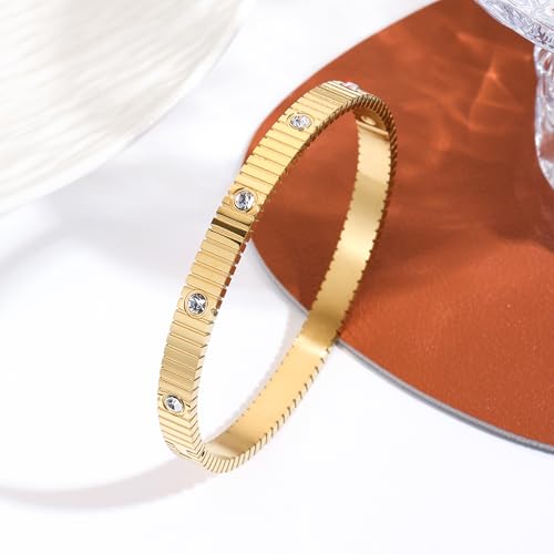 Women's Bracelet Stainless Steel Gold Plated Cuff Bangle Cube Zircon Hinge Jewelry oval Bangle Witness the Gift of Love - color: Zircon Gold Medium 6.5"