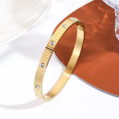 Women's Bracelet Stainless Steel Gold Plated Cuff Bangle Cube Zircon Hinge Jewelry oval Bangle Witness the Gift of Love - color: Zircon Gold Medium 6.5"