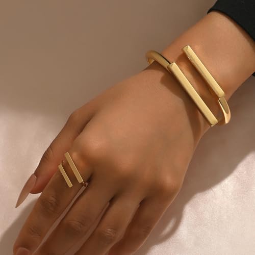 Gold Minimalist Bangle Bracelet and Ring Set for Women, Geometric Double Bar Open Cuff Hinged Bracelet, Modern Fashion Jewelry Gift