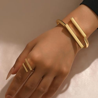 Gold Minimalist Bangle Bracelet and Ring Set for Women, Geometric Double Bar Open Cuff Hinged Bracelet, Modern Fashion Jewelry Gift
