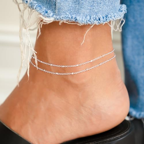 Robaice Ankle Bracelets for Women, 14K Gold Plated/Silver Layered Anklets | Waterproof Adjustable Anklet for Women, Summer Beach Anklet, Glitter Jewelry for Women Gifts - color: Silver-1